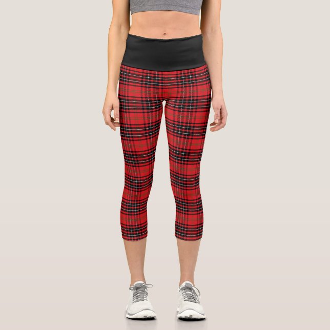 Red Black Scottish Tartan Chic Stylish Pattern Capri Leggings (Front)