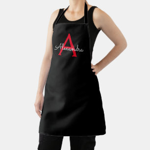 Red Black Script Girly Monogram Name Apron