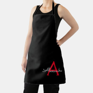 Red Black Script Girly Monogram Name Apron
