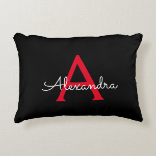 Red Black Script Girly Monogram Name Decorative Cushion