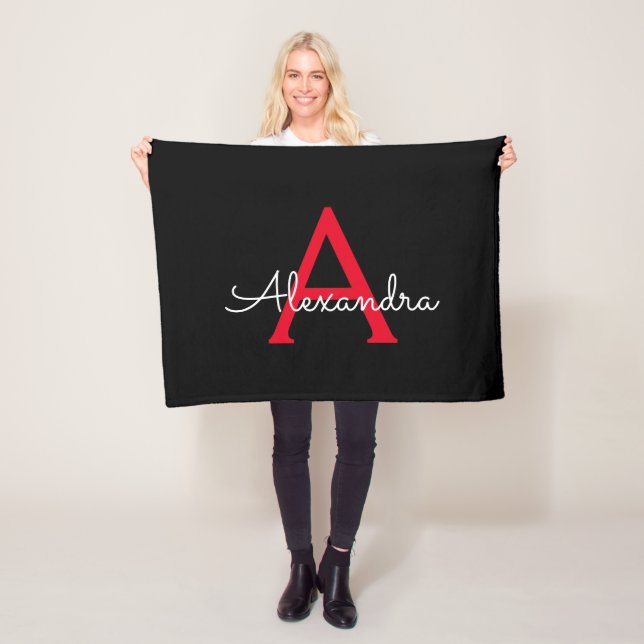 Red Black Script Girly Monogram Name Fleece Blanket (In Situ)