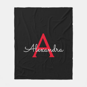 Red Black Script Girly Monogram Name Fleece Blanket