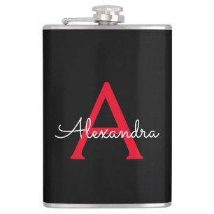 Red Black Script Girly Monogram Name Hip Flask