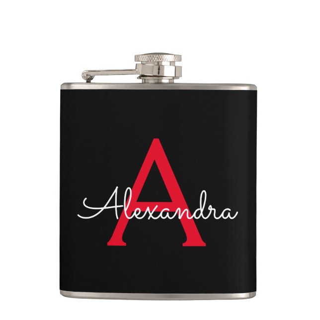 Red Black Script Girly Monogram Name Hip Flask (Front)