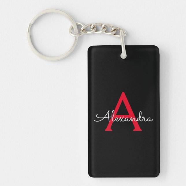 Red Black Script Girly Monogram Name Key Ring (Front)
