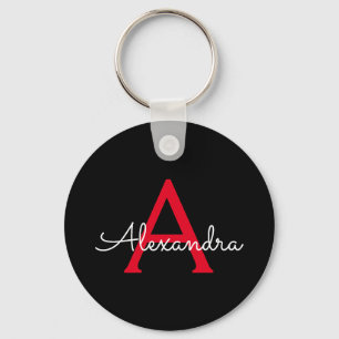 Red Black Script Girly Monogram Name Key Ring