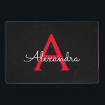 Red Black Script Girly Monogram Name Laminated Place Mat<br><div class="desc">Black and Red Simple Script Monogram Name Place Mats. This makes the perfect graduation,  birthday,  wedding,  bridal shower,  anniversary,  baby shower or bachelorette party gift for someone that loves glam luxury and chic styles.</div>