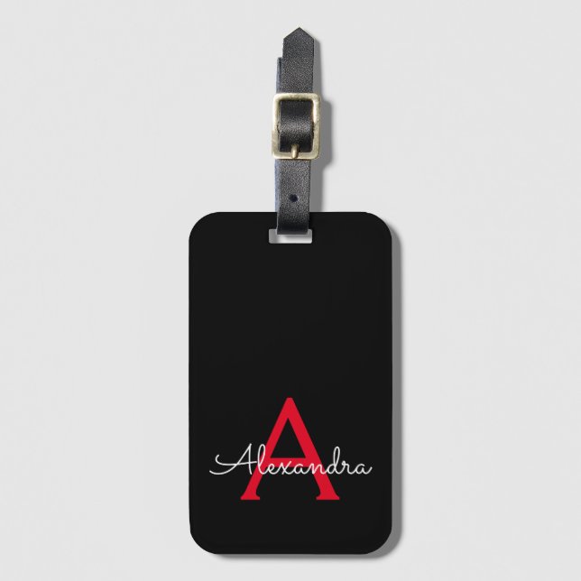 Red Black Script Girly Monogram Name Luggage Tag (Front Vertical)