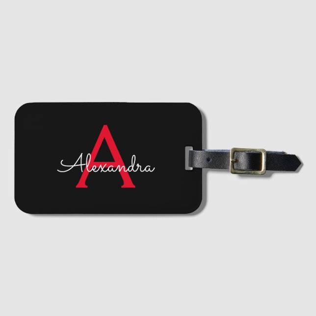 Red Black Script Girly Monogram Name Luggage Tag (Front Horizontal)