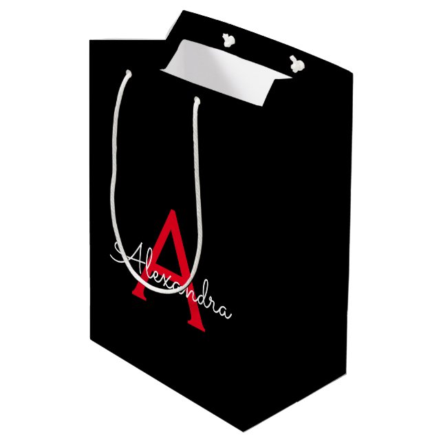 Red Black Script Girly Monogram Name Medium Gift Bag (Back Angled)
