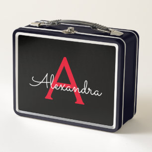 Red Black Script Girly Monogram Name Metal Lunch Box