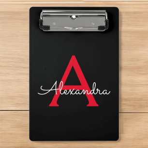 Red Black Script Girly Monogram Name Mini Clipboard