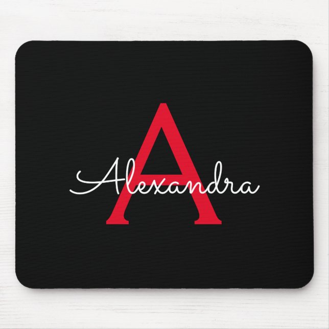 Red Black Script Girly Monogram Name Mouse Pad (Front)