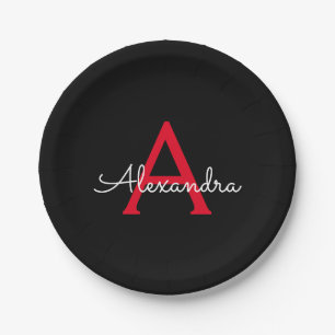 Red Black Script Girly Monogram Name Paper Plate