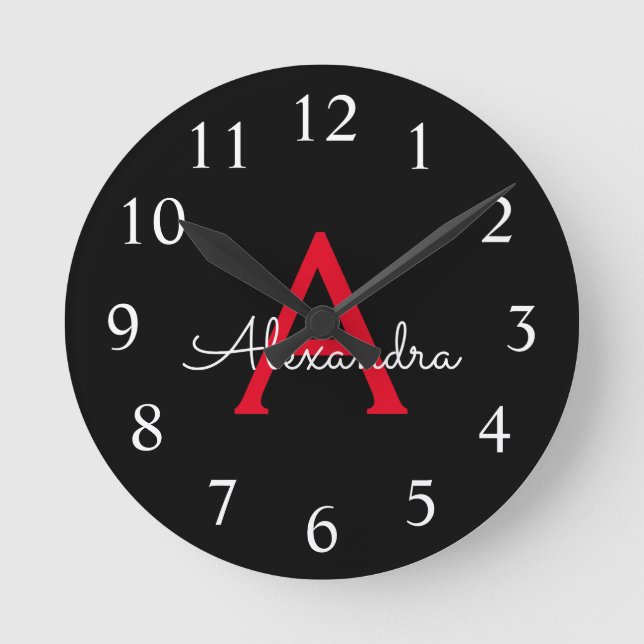 Red Black Script Girly Monogram Name Round Clock (Front)