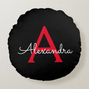 Red Black Script Girly Monogram Name Round Cushion