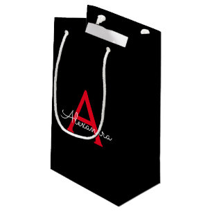 Red Black Script Girly Monogram Name Small Gift Bag