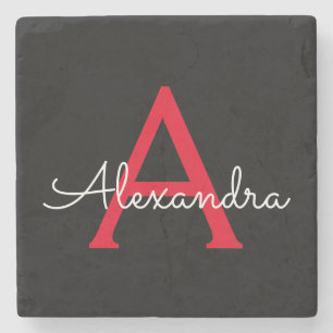 Red Black Script Girly Monogram Name Stone Coaster