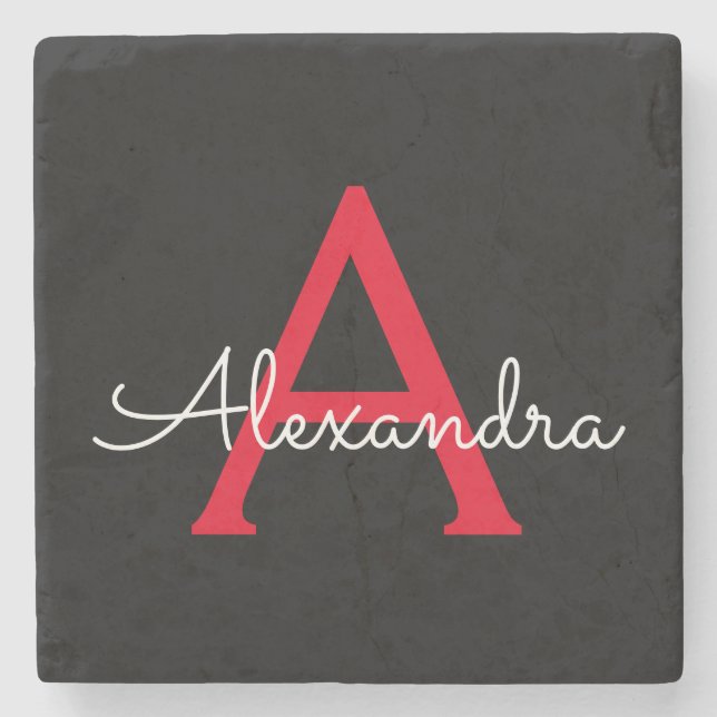 Red Black Script Girly Monogram Name Stone Coaster (Front)