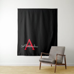 Red Black Script Girly Monogram Name Tapestry