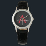 Red Black Script Girly Monogram Name Watch<br><div class="desc">Black and Red Simple Script Monogram Name Watch. This makes the perfect graduation,  birthday,  wedding,  bridal shower,  anniversary,  baby shower or bachelorette party gift for someone that loves glam luxury and chic styles.</div>