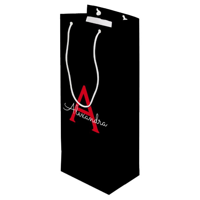 Red Black Script Girly Monogram Name Wine Gift Bag (Back Angled)