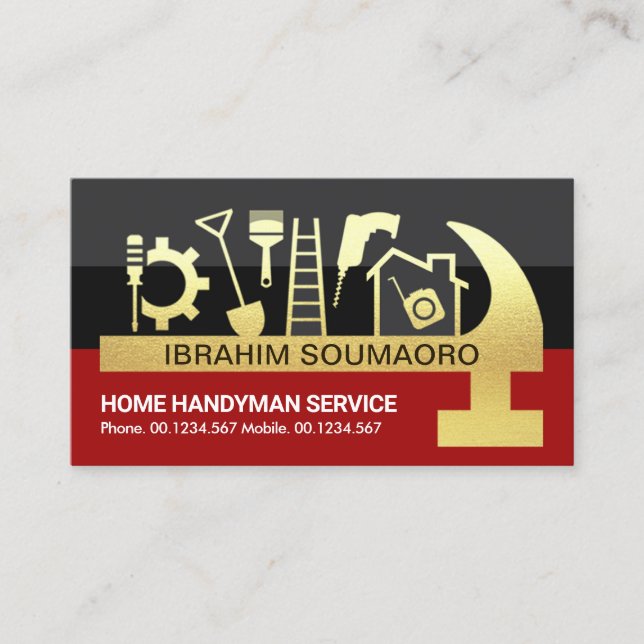 Red Black Shade Layers Gold Hammer Tool Business Card (Front)