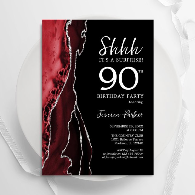 Red Black Silver Agate Surprise 90th Birthday Invitation (Creator Uploaded)