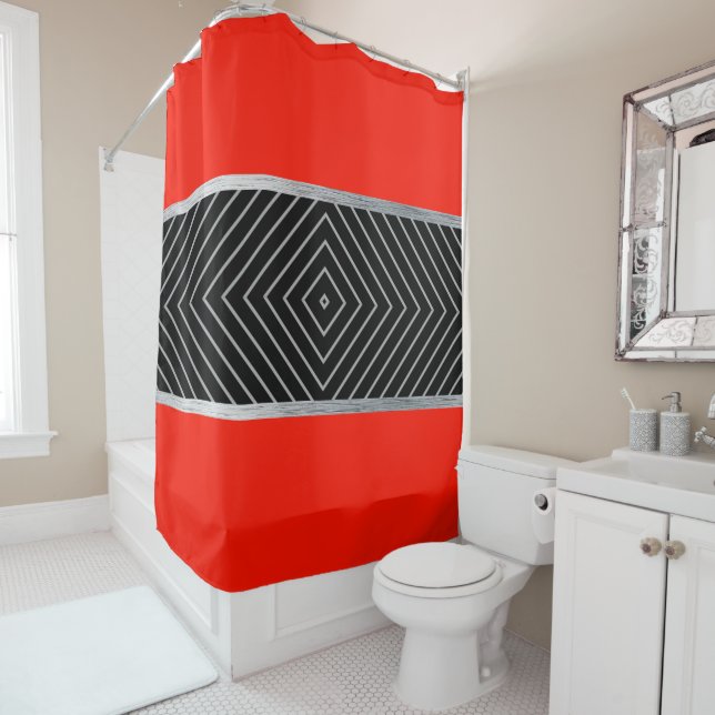 Red, black, silver and white stripes shower curtain (In Situ)