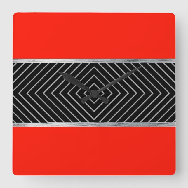 Red, black, silver and white stripes square wall clock (Front)