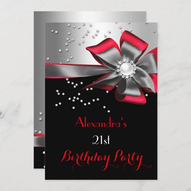 Red Black Silver Bow Pearl Birthday Party Invitation (Front/Back)