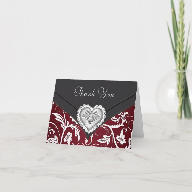 Red Black Silver Diamond Heart Thank You Cards (Front)