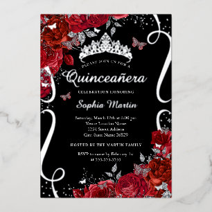 Red Black Silver Floral Butterfly Quinceanera