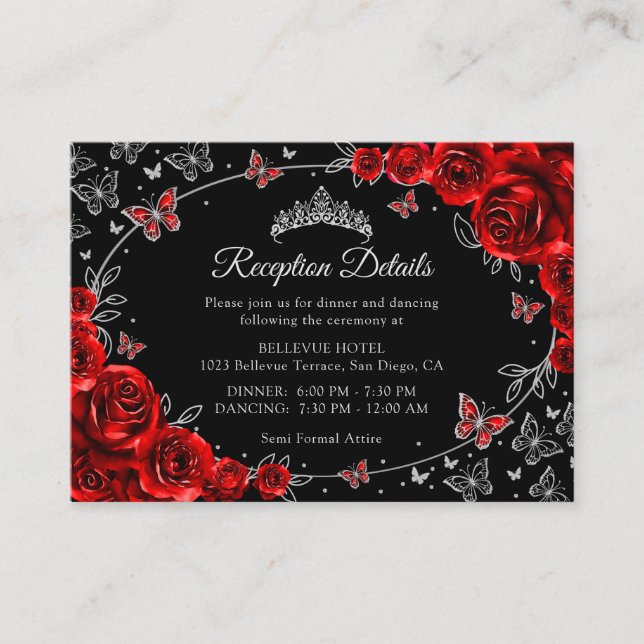 Red Black Silver Quinceanera Reception Details Enclosure Card (Front)