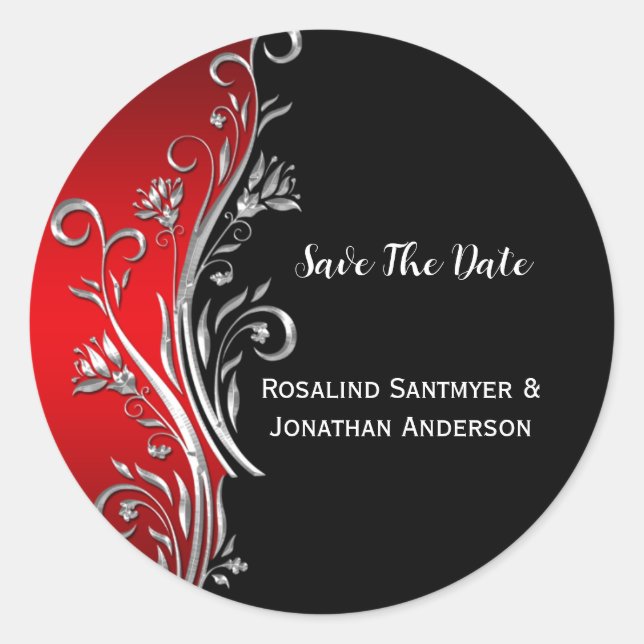 Red Black Silver Swirls Wedding RSVP Classic Round Sticker (Front)