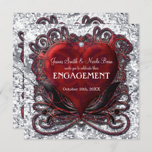 Red Black Silver Valentine Heart Gothic Romance Invitation (Front/Back)