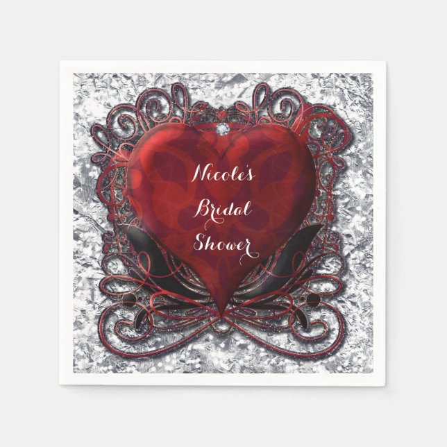 Red Black Silver Valentine Heart Gothic Romance Napkin (Front)