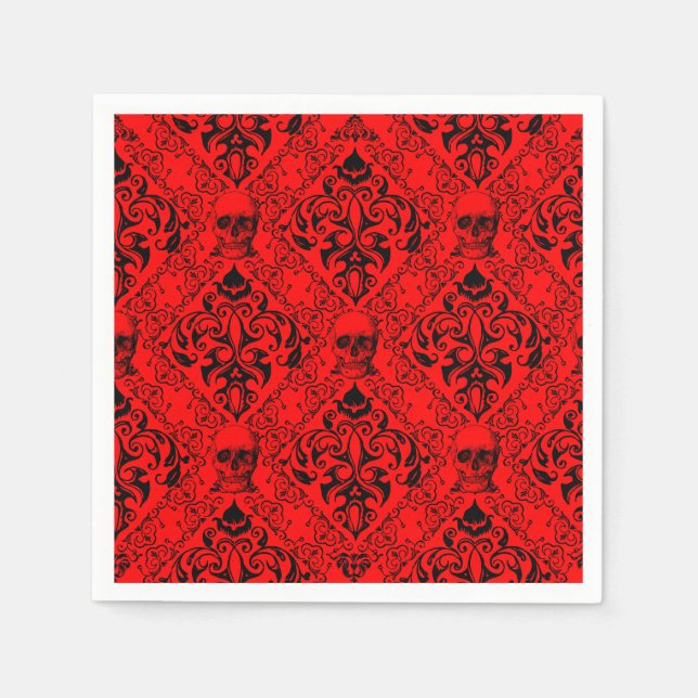 Red Black Skull Damask Halloween Dark Goth Pattern Napkin (Front)