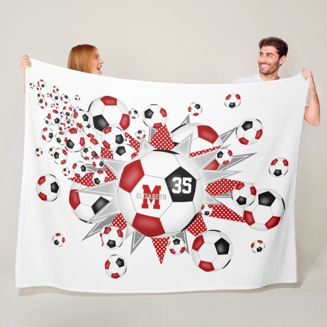 red black soccer balls stars girls name fleece blanket (In Situ)
