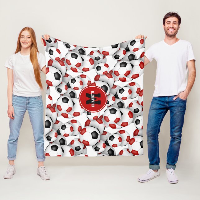 red black soccer balls team colours monogrammed fleece blanket (In Situ)