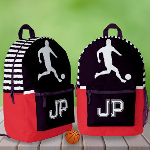 Red Black Soccer Player Monogram School Gear Boys Printed Backpack