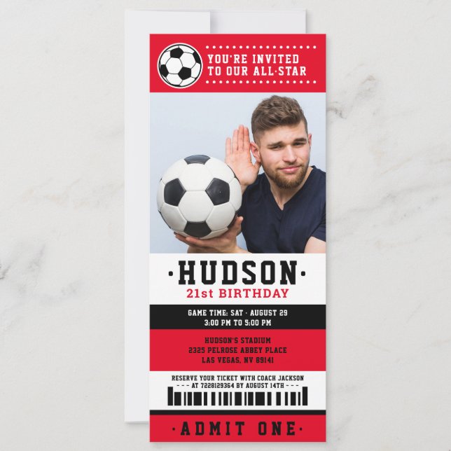 Red Black Soccer Ticket Birthday Party Photo Invitation (Front)