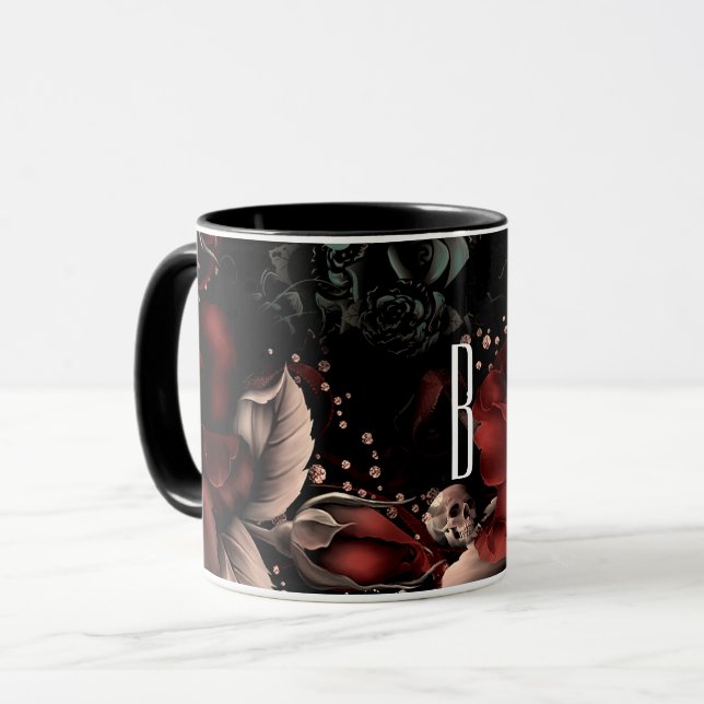 Red Black Sparkle Roses & Skull Personalised Mug (Front Left)