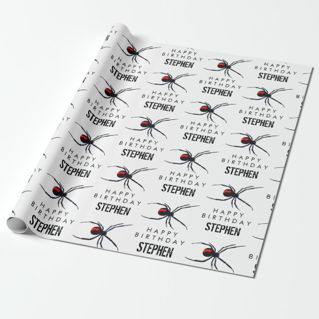 Red & Black Spider Birthday Party Theme & Name  Wrapping Paper (Unrolled)