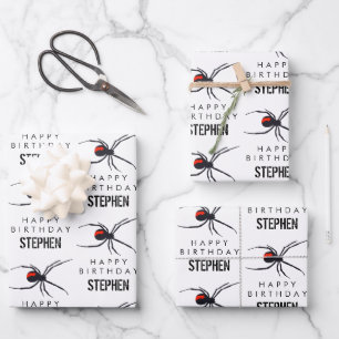 Red & Black Spider Birthday Party Theme & Name Wrapping Paper Sheet