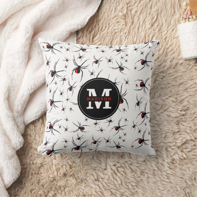 Red & Black Spider Pattern Monogrammed Cushion (Blanket)