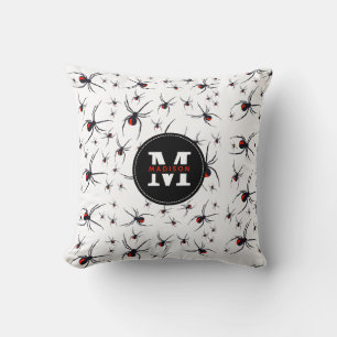 Red & Black Spider Pattern Monogrammed Cushion