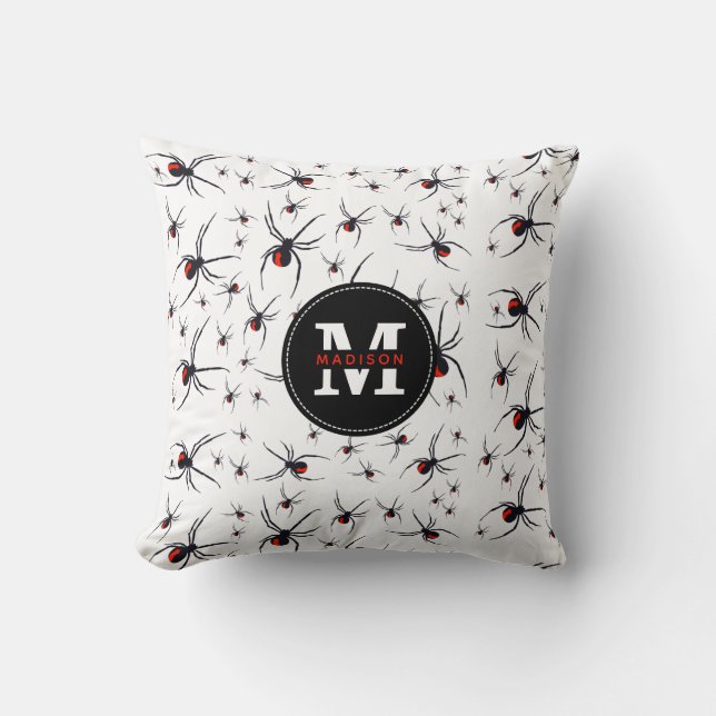 Red & Black Spider Pattern Monogrammed Cushion (Front)