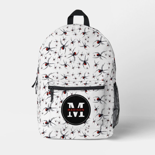 Red & Black Spider Pattern Monogrammed School Printed Backpack (Front)