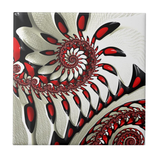 Red & Black Spiral Fractal Ceramic Tile (Front)